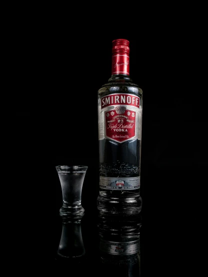 a bottle of vodka sitting next to a glass