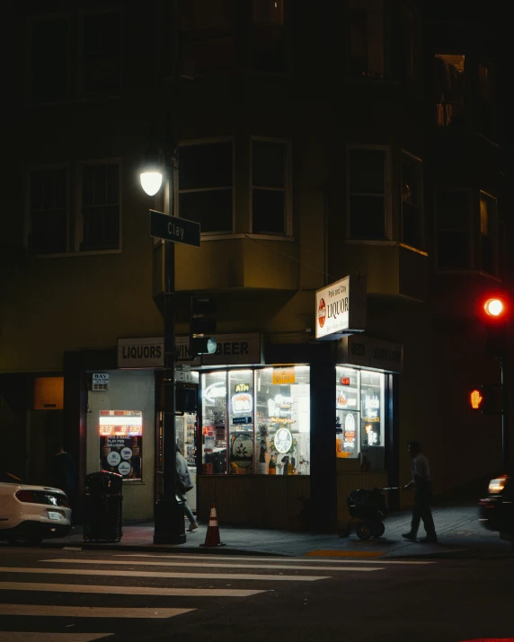 this is the street corner of a convenience store at night