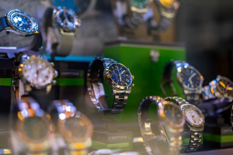 a group of many watches sit on display