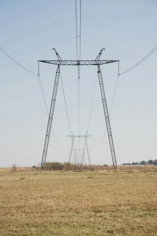 two horses are standing in front of a large electric tower