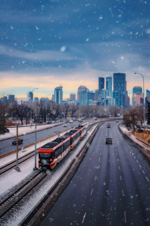 a view of a street with a bus on it in the snow