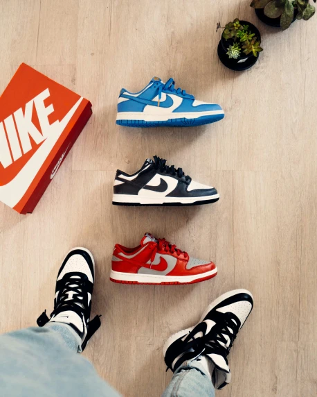 the nike sneakers are arranged on the floor