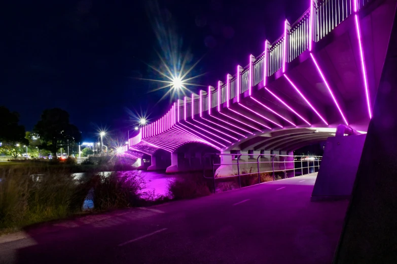 the lights show purple while the walkway is lit up