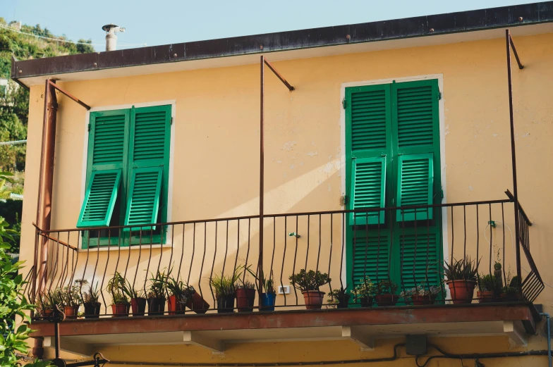 green window frames and a balck deck railing