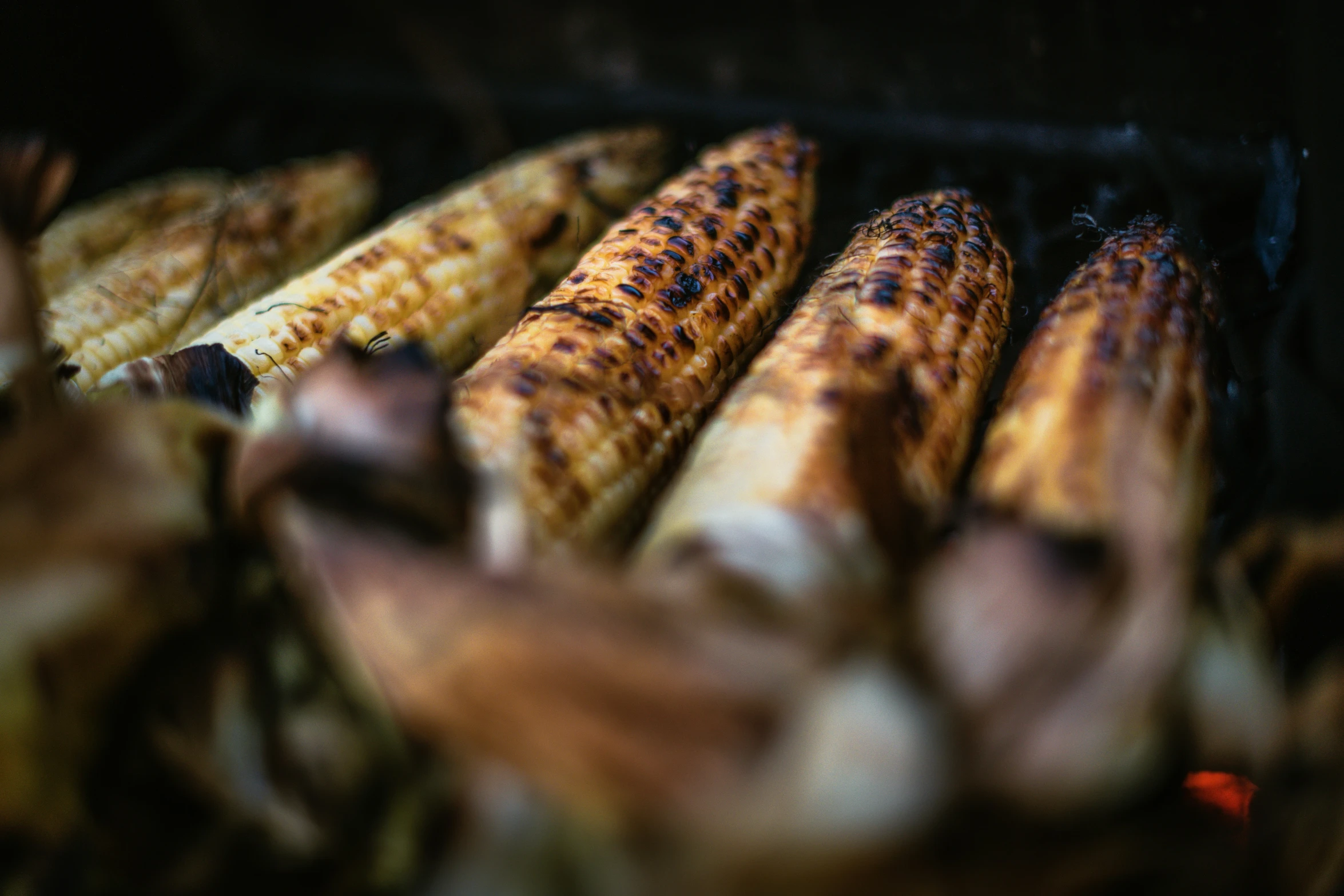 four corn cobs lined up on a grill