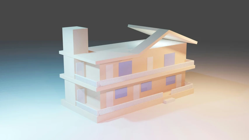 a model house is shown on a white and blue background