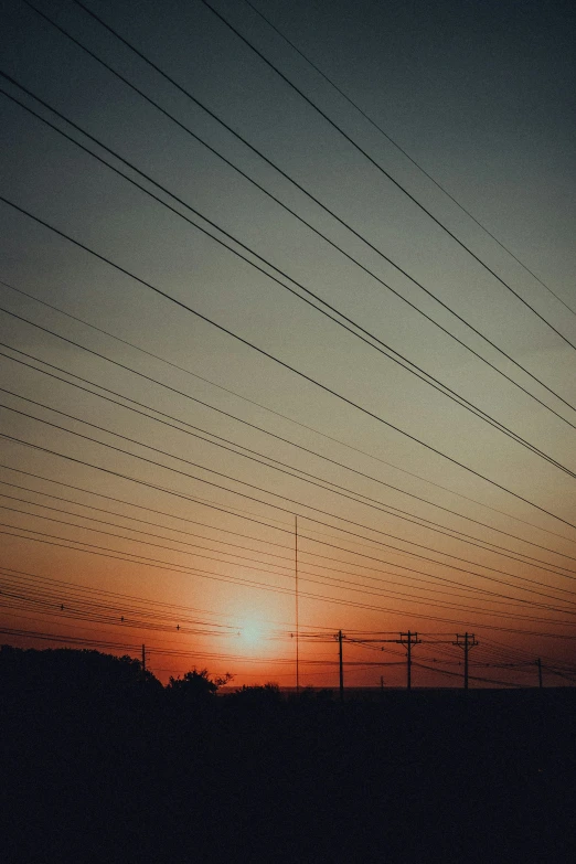 an orange and blue sky with lots of electric poles