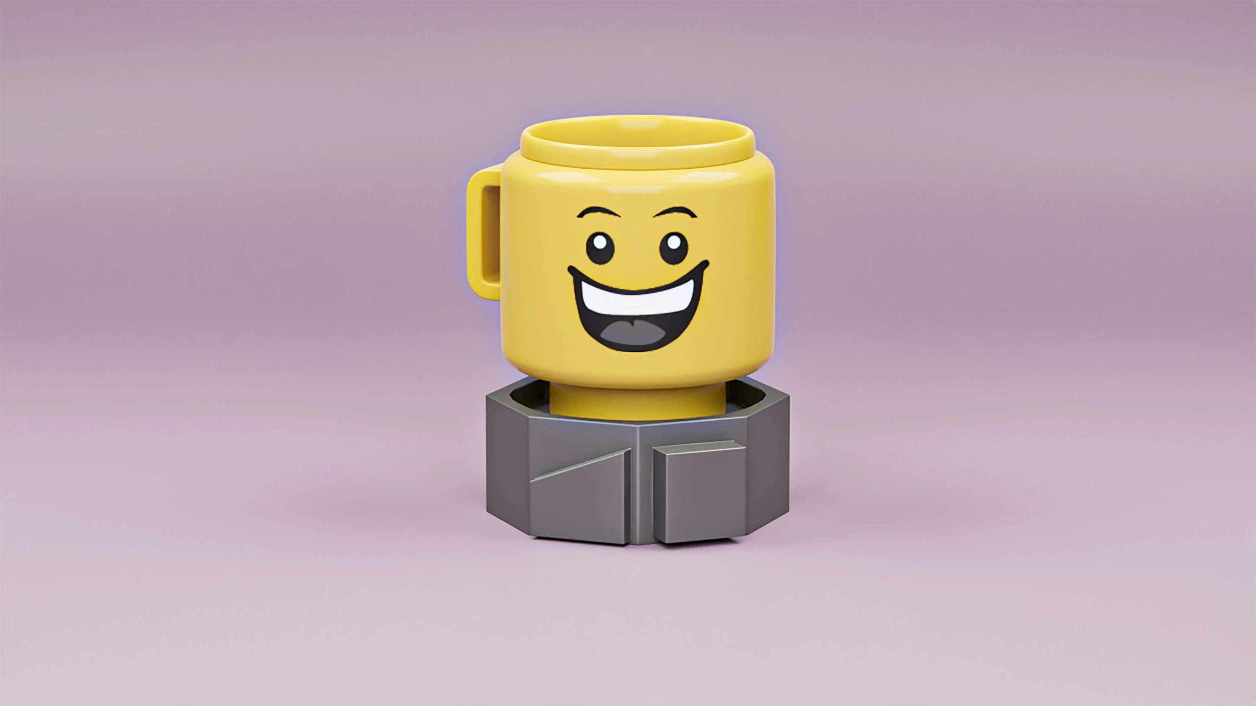 a yellow mug with eyes sitting on top of a box