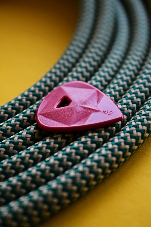 a pink on on top of a green and grey rope