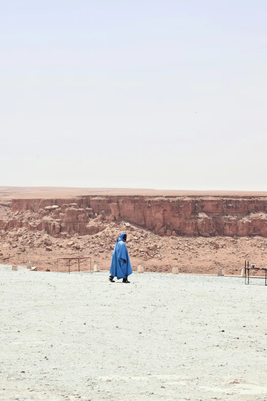 a person walking alone in the desert near a body of water