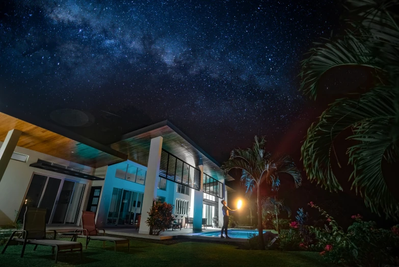 an outdoor space with a starr sky in the background