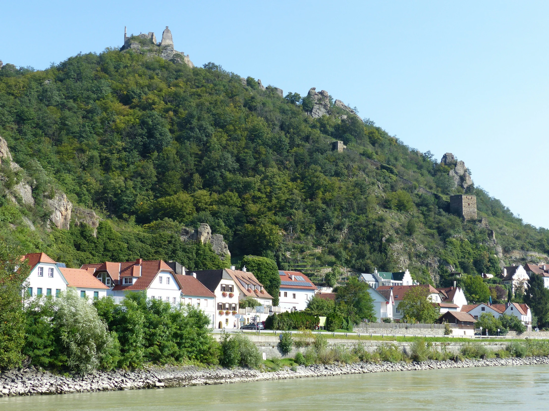 several buildings on a hill side by water