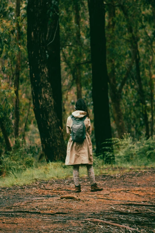 a little girl with a backpack walks along a path