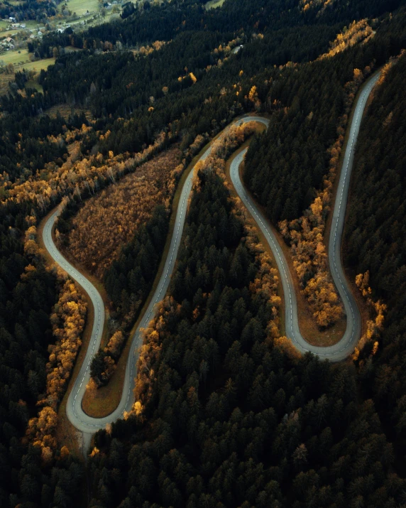 an aerial view of two winding roads in autumn