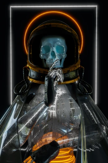 a skull in a space suit with a gas mask