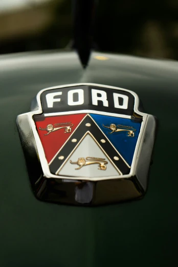 a emblem on the hood of an old green car