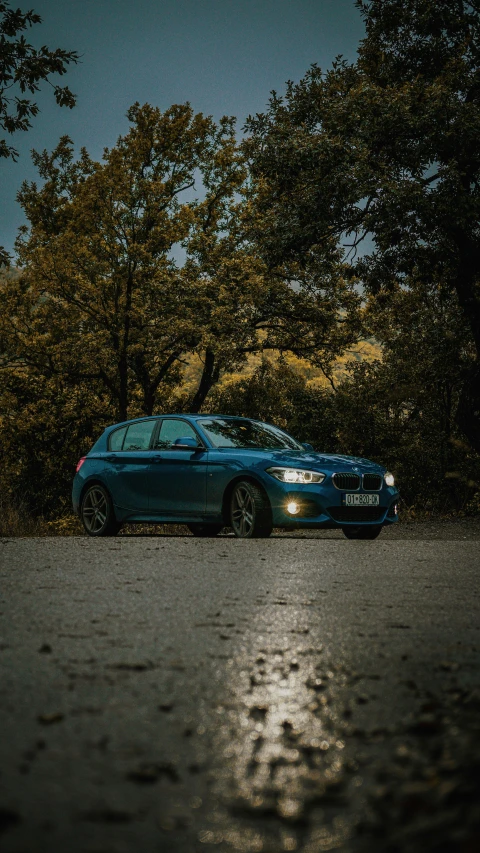 blue car on street in the evening with tree and sky in background