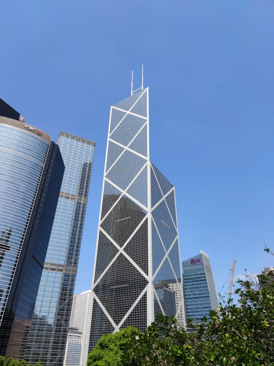 view of modern buildings in a city, under a blue sky