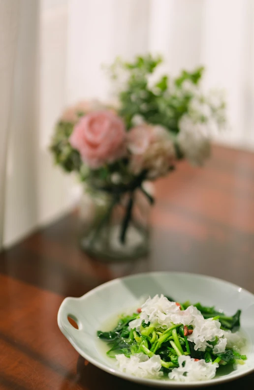 a plate of food sits on a table