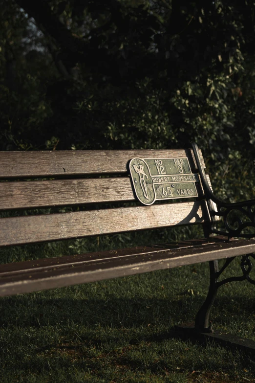 an empty park bench in front of the grass