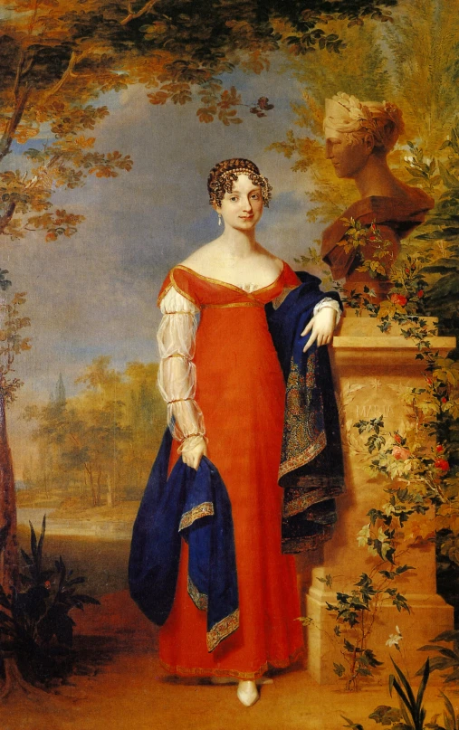 a painting of a young woman in a red gown