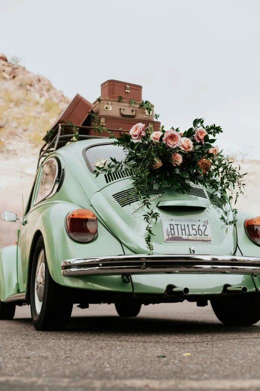 a blue beetle is covered in flowers and suitcases