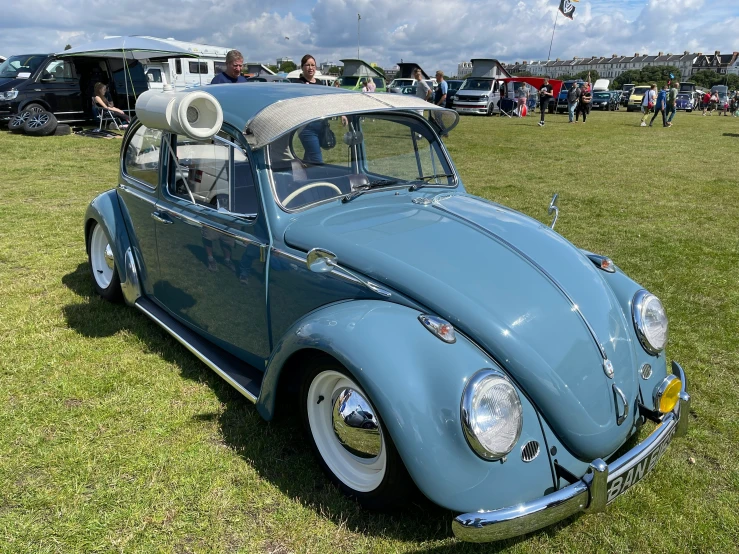 the large blue vw beetle is parked on grass