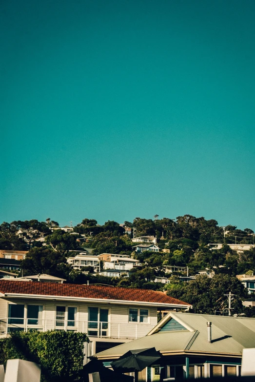 houses on the hillside are shown against a clear sky