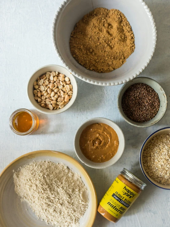 the top view of a table with bowls of food