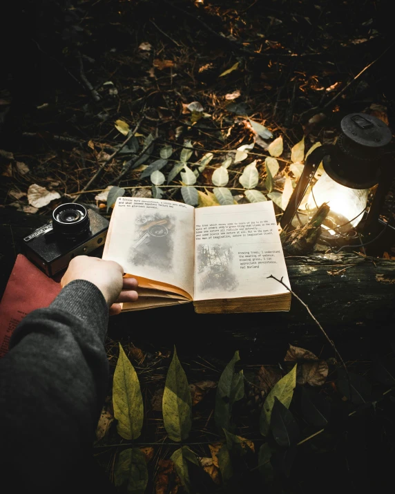 an open book sitting on top of a forest floor