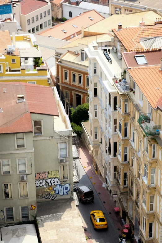 a view of some yellow cabs and some buildings