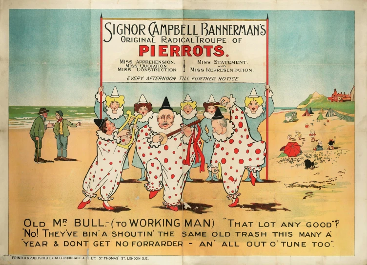 an old advertit with two men dressed as clowns