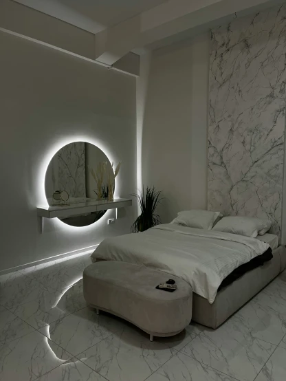 this is a modern bedroom with marble floors