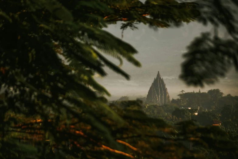 a large building is viewed through the trees