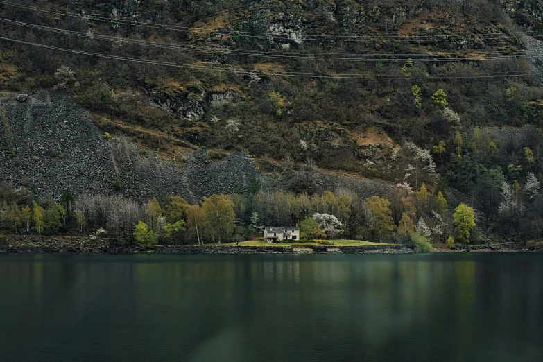 a house on the side of a hill by the water