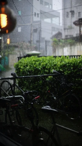 a rainy view of some parked bicycles