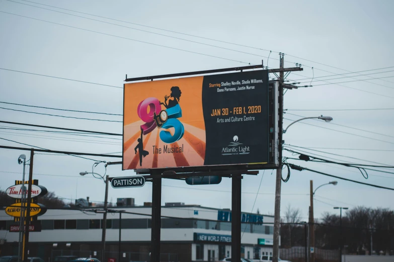 a billboard on a busy city street with power lines