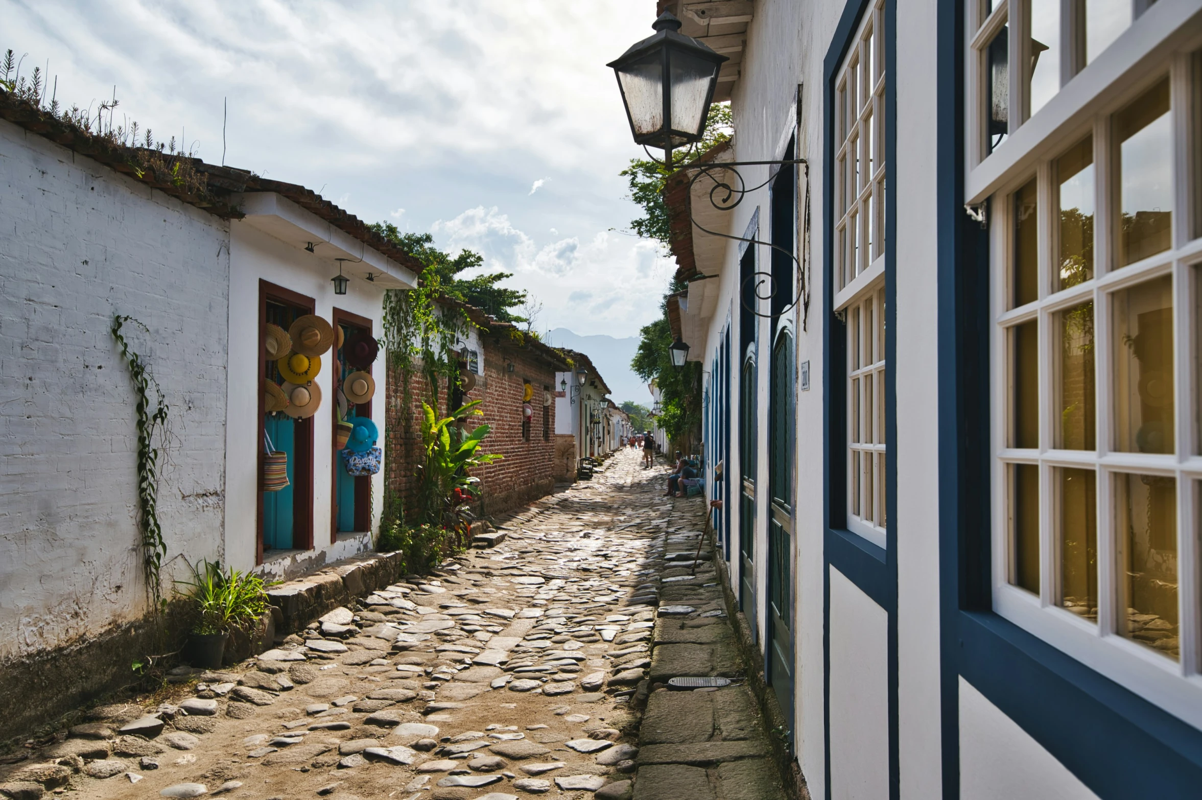 a cobbled street lined with houses with colorful murals