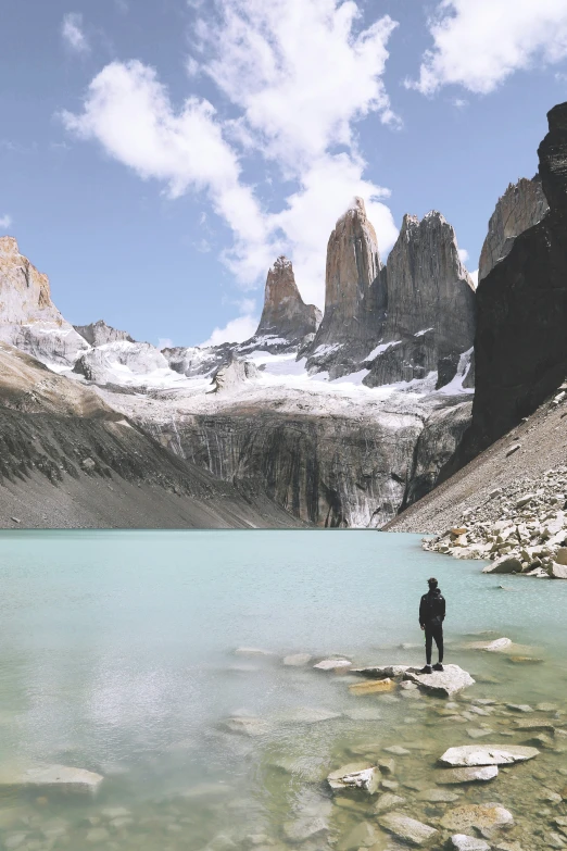 the hiker is by the waters and mountains