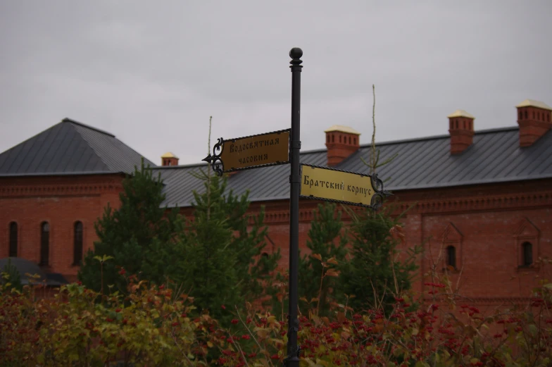 a street sign with a building in the background