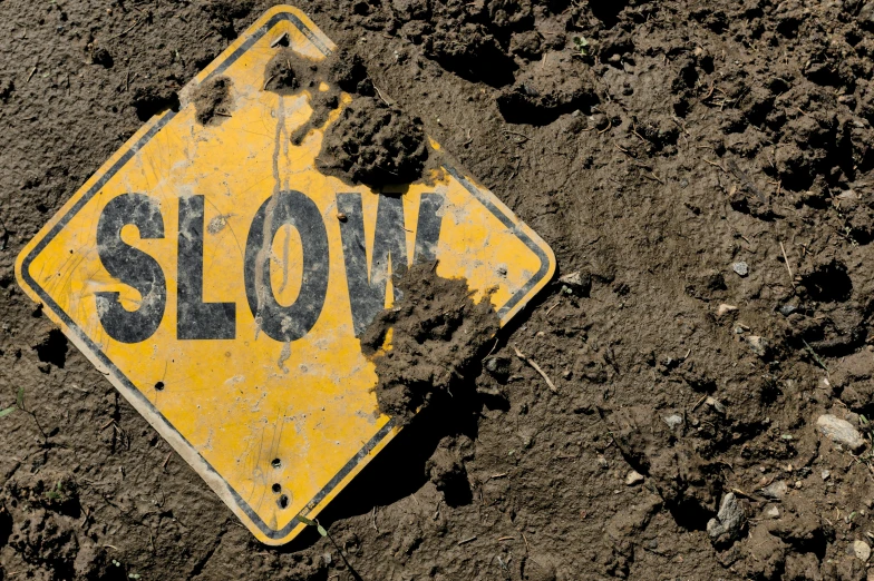 a yellow street sign is seen on some brown dirt