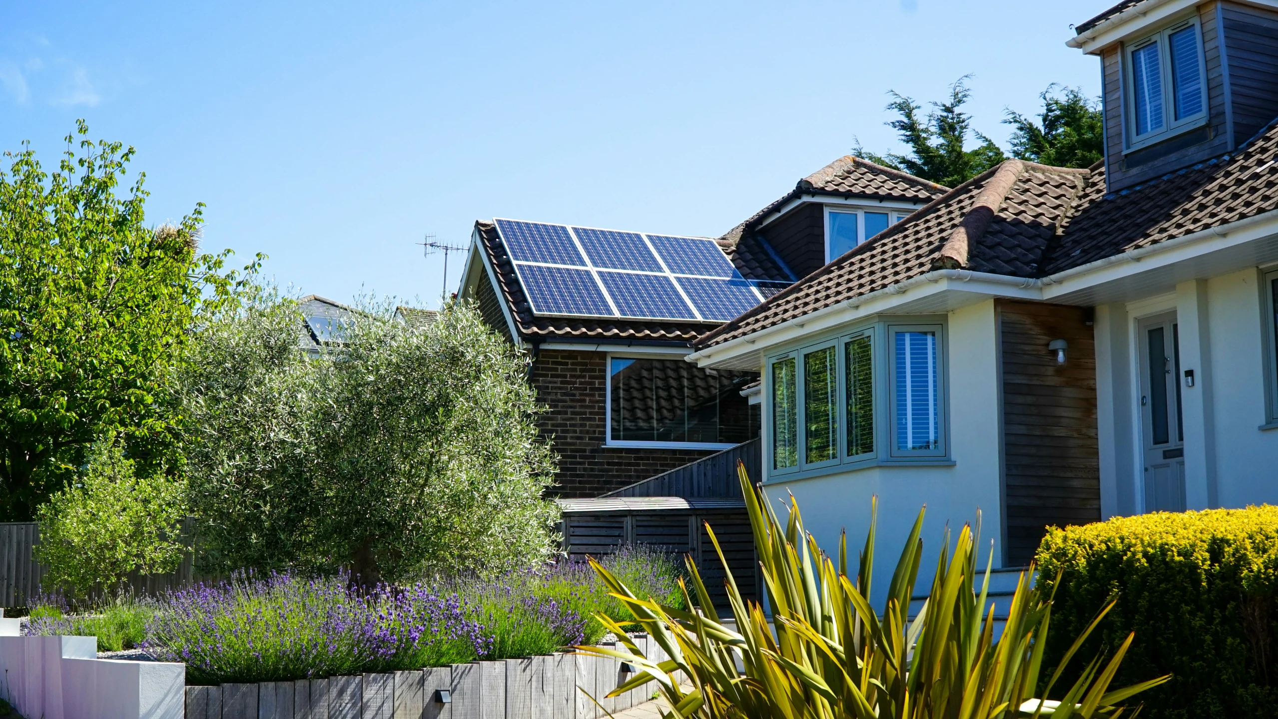 residential buildings with rooftop plants and a solar panel on them