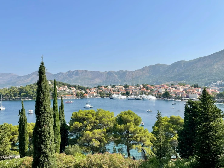 the view of a sea and town from a high hill