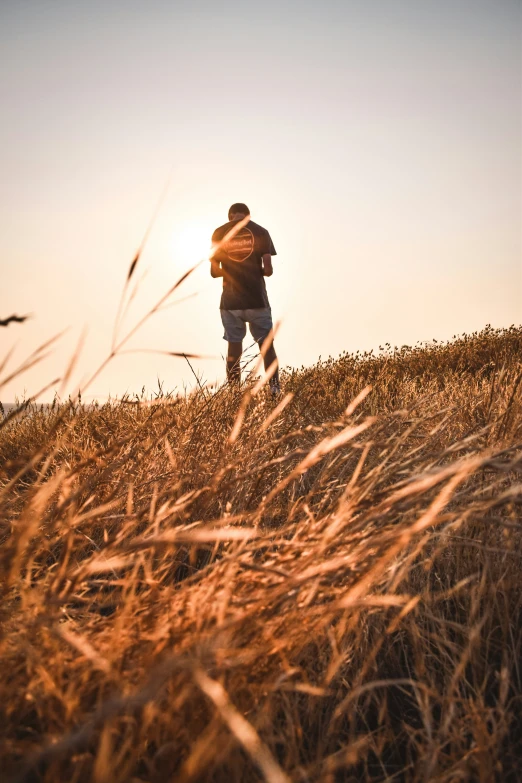 a person stands alone in the field during sunset