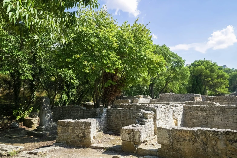 a large ancient roman village with trees in the background