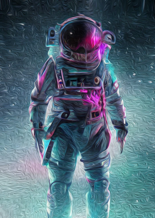 the astronaut walks through water with glowing gears on his body