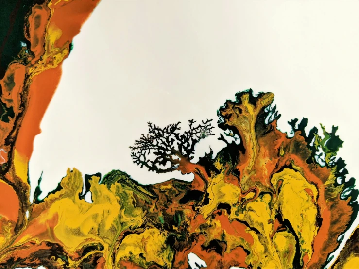 a painting on a white background of trees and bushes