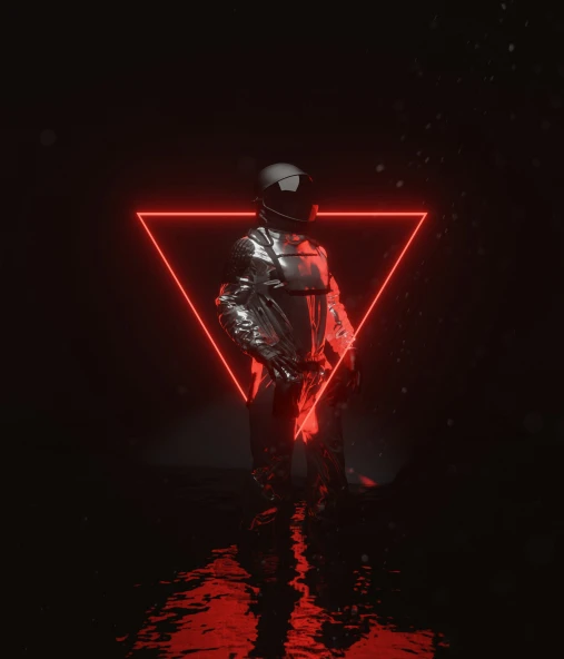 a man in a shiny outfit and helmet stands on a dark surface under a neon triangular shaped image