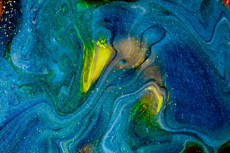 an abstract painting in bright blue, green and yellow