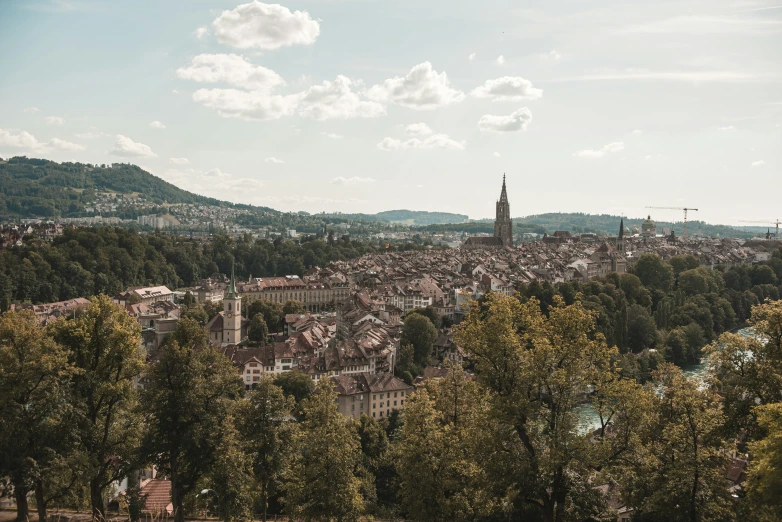 a skyline of a city with trees in the foreground